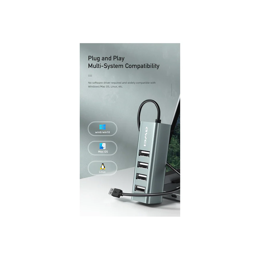 Awei CL-122T Type-C Hub to USB 2.0 with 4 Ports - Space Gray - Image 2