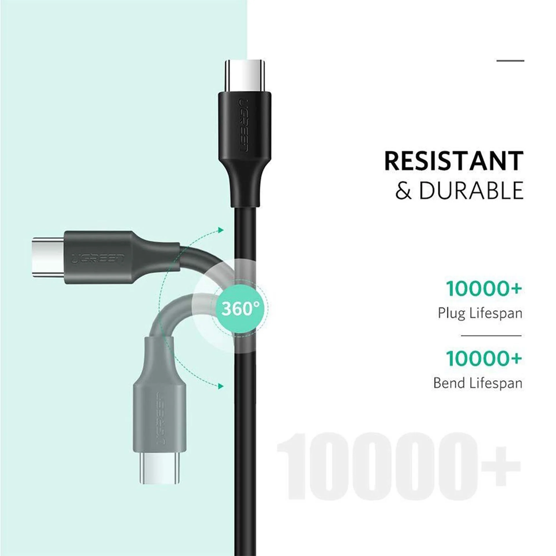 UGREEN USB-C to USB-C PD Fast Charging Cable 3A Max Black 1m - Image 2